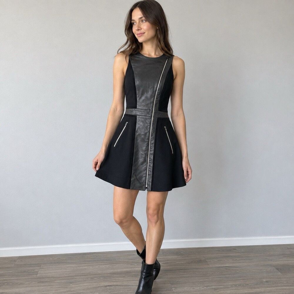 Rag & Bone Rae Dress Size 0 Black Lamb Leather Trim Zip Fit Flare Mini